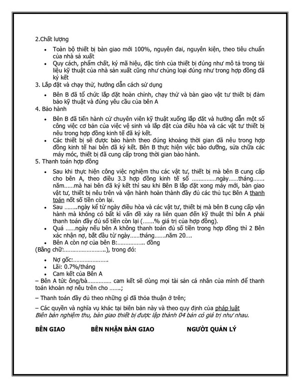Biên bản tiêu chuẩn nghiệm thu lắp đặt thiết bị (tiếp theo)